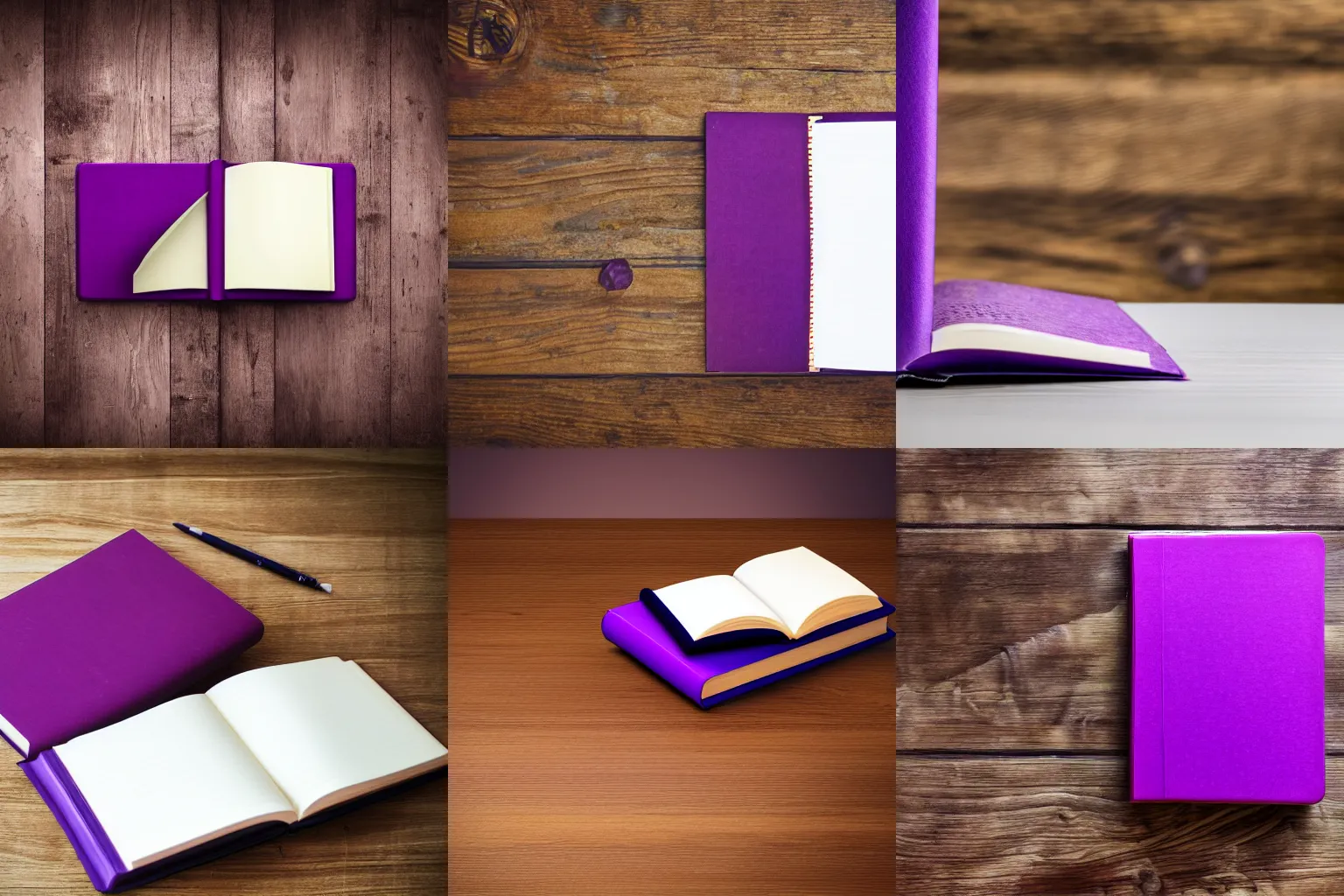 Prompt: a purple book on the top of a wood desk, good lighting, realistic, 4k HDR