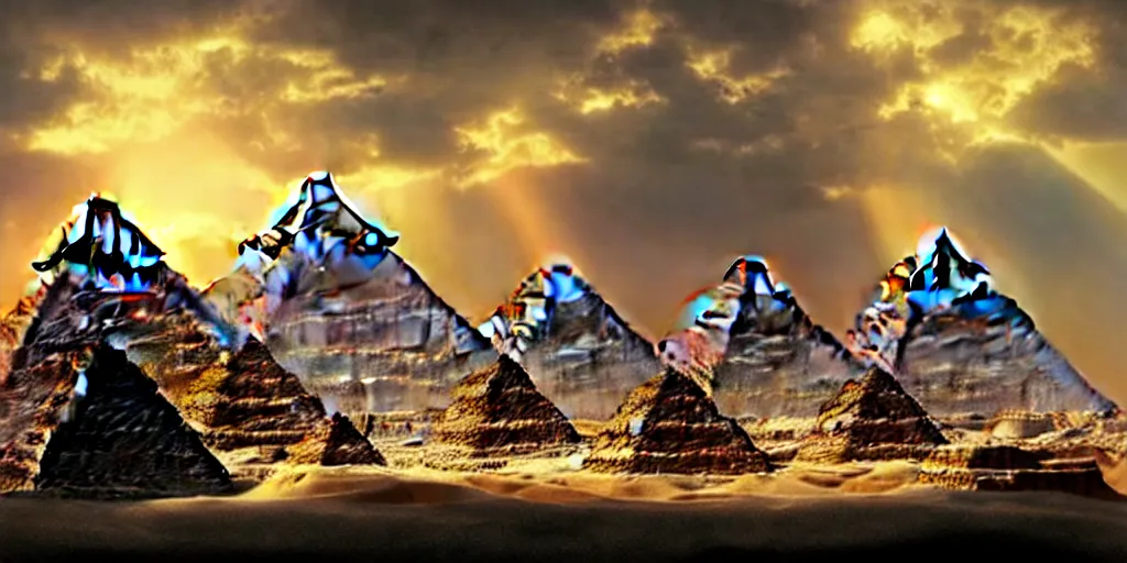 Image similar to beautiful egyptian pyramid, magic, waterways, waterfalls, gorgeous clouds, god rays, digital art, landscape, fantasy art, octane render, ureal engine, high detail, very realistic, by greg rutkowski. by james gurney