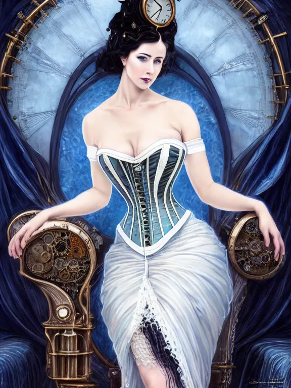 Prompt: portrait of a steampunk ice lady, elegant corset, pale white skin, sky - blue dress, robes, black jewerly, dark blue hair, sitting on ice throne, beautiful fractal ice background, highly detailed, detailed face, smooth, sharp focus, digital painting, artgerm and greg rutkowski and alphonse mucha