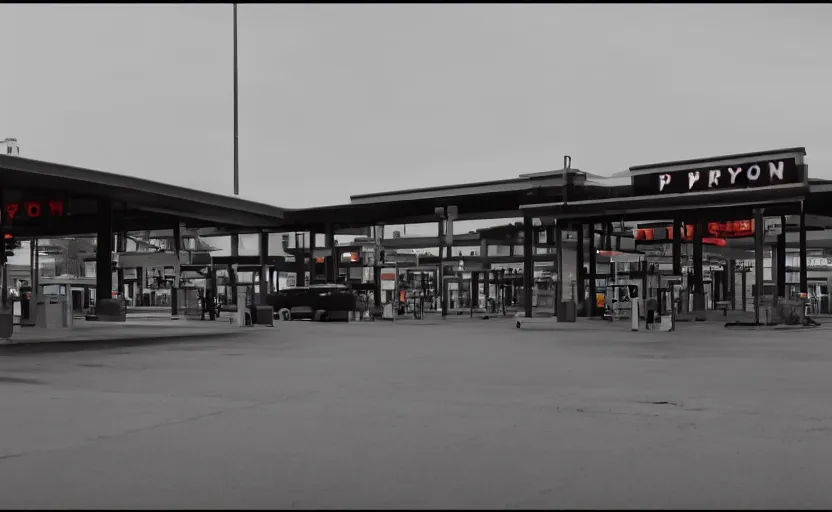 Image similar to cinematic still screenshot of the port byron travel plaza, shot by saul leiter, camera height 7 feet, moody cinematography, 2 4 mm anamorphic lens