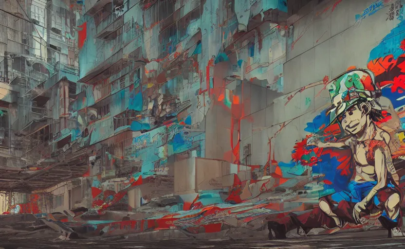 Image similar to a photograph of Japanese graffiti art in 1977, dramatic masterpiece by Beeple, James Jean, Jamie Hewlett, Metal Slug concept art, Metal Gear Solid concept art, Silent Hill concept art, 4k wallpaper, surrealism