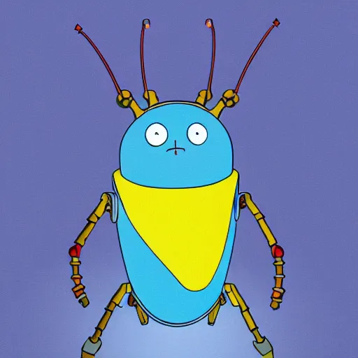 Prompt: Cute robot beetle, blue, cartoon by Studio Ghibli