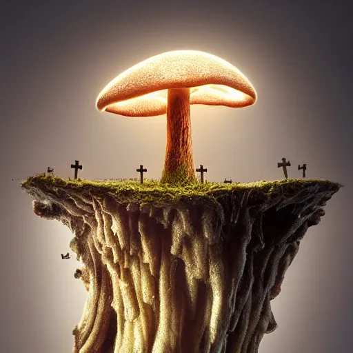 Image similar to a beautiful macro photography on a rotten stump is a small family of conical oyster mushrooms, which are suspiciously reaching for an unusual symbol on the wall depicting a dissected cross, hyper detailed, warm volumetric lights, made by gerald brom and mike winkelmann, photorealism