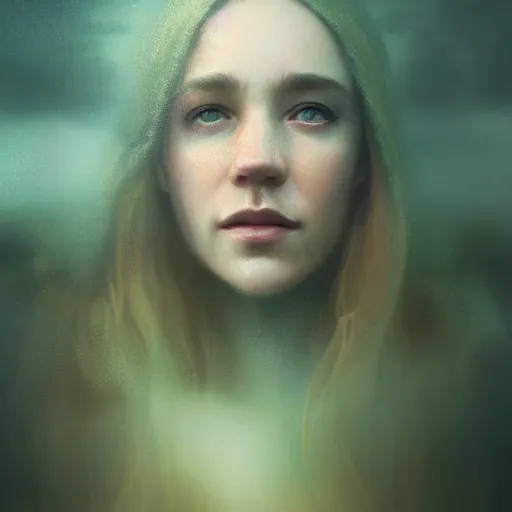 Image similar to Beautiful aesthetically pleasing female oracle of Delphi portrait, face centered portrait, Confident, fog, rain, volumetric lighting, beautiful, golden hour, sharp focus, ultra detailed, conceptartworld by Leesha Hannigan, Ross Tran, Thierry Doizon, Kai Carpenter, Ignacio Fernández Ríos