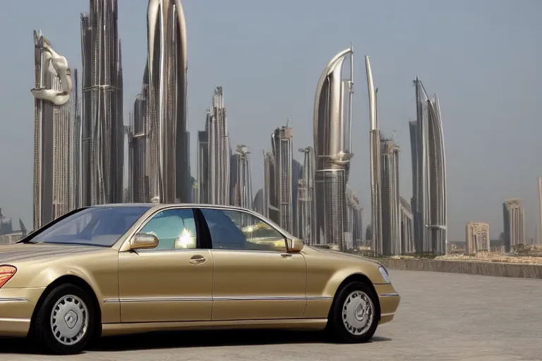 Image similar to gold Mercedes-Benz s500 long in the body 220 (w220) 2002 old year is on the roof of a high-rise building in abu dhabi