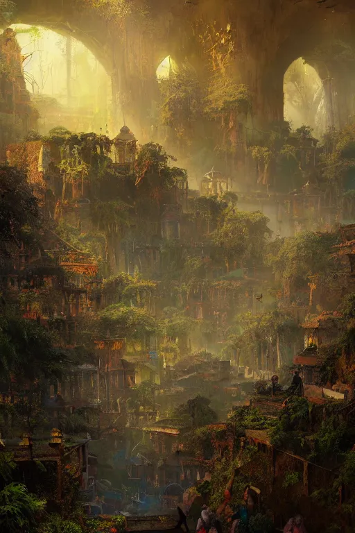 Image similar to old aztec city of gold in the middle of the forest, intricate, elegant, volumetric lighting, digital painting, highly detailed, artstation, sharp focus, illustration, concept art, ruan jia, steve mccurry