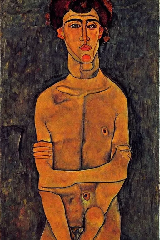 Image similar to portrait of gigachad, painted by modigliani, egon schiele