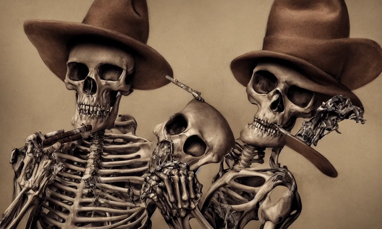 Prompt: stunning portrait of a skeleton wearing a hat and smoking a cigar, hyperrealism, photorealistic art, digital arts, intricate details and composition, surreal colors, 4 k, 8 k, artstation