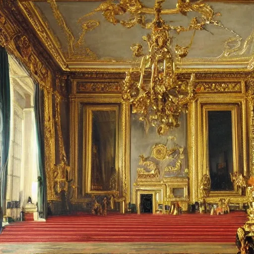 Prompt: fine art, oil on canvas baroque style by louis le nain. the interior of the palace of versailles in france. fine art in the walls and