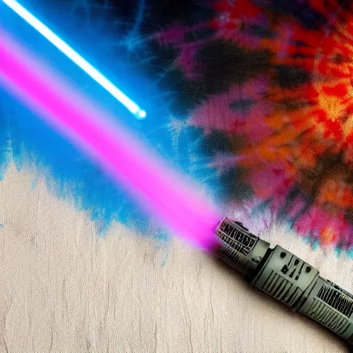 Prompt: a light saber with tie dye colored blade, uncropped, photography