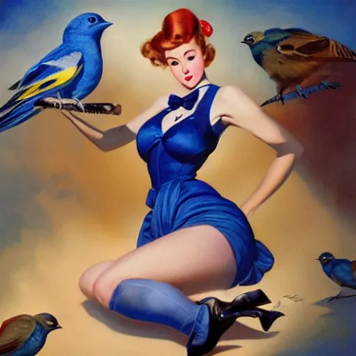 Image similar to portrait of a pinup girl holding an indigo bunting, bird, the bird is wearing a bowtie, by greg rutkowski, rossdraws, gil elvgren, enoch bolles, anime, porcelain skin, very coherent