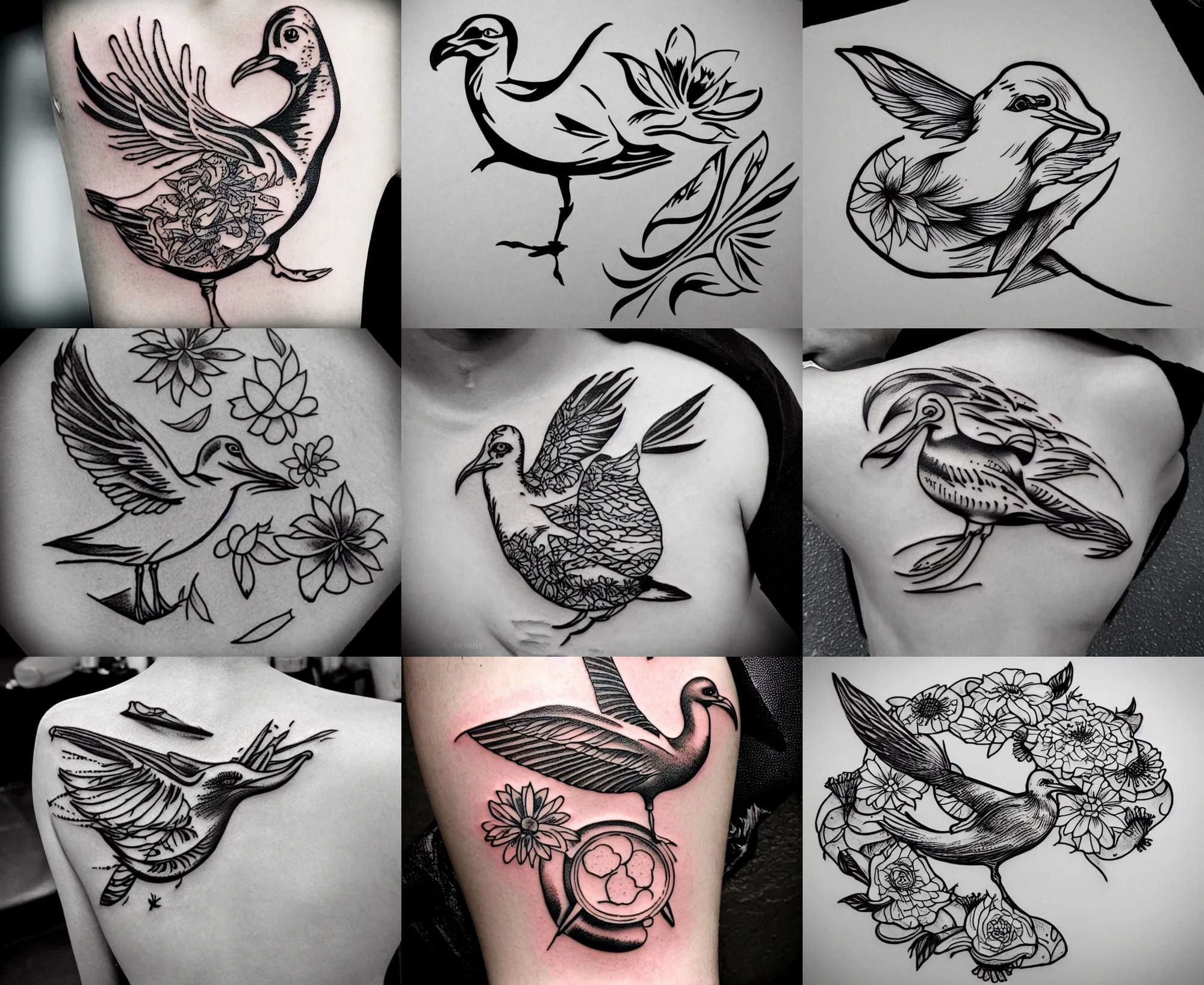 Prompt: detailed amazing tattoo stencil of a floral seagull eating a chip