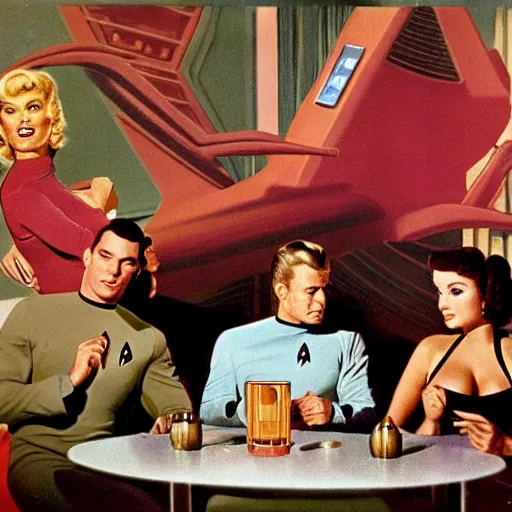 Prompt: three people watching star trek. a muscular man with great hair, lean man with great hair, and a blonde curvy woman smoking cigars and holding glasses of gin. flamingo wallpaper behind them. 1 9 5 0 s playboy centerfold, high color, detailed,