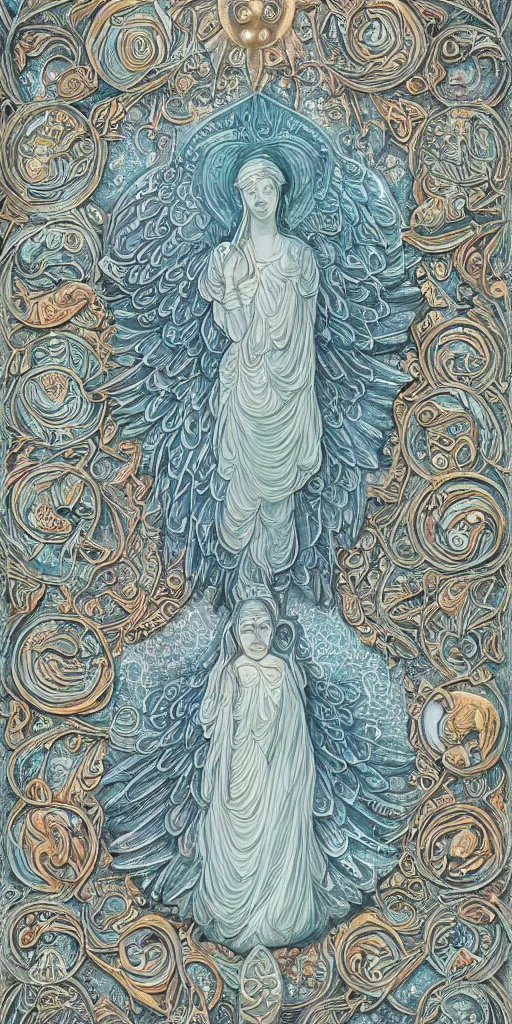 Image similar to intricate colourfully painted carved Soapstone relief paneling, white and pale blue , celestial, cosmos, galaxies, planets, divinity, moon goddess, mother earth, Earth Goddess mythology, Gaia, angels, dream atmosphere, Ghostly, crystaline celtic, insanly detailed , artstation, wallpaper, hyper realistic, realistic lighting