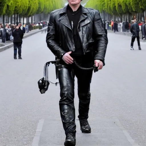 Prompt: T-800 walks in the avenue des champs elysée