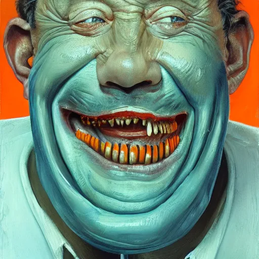 Prompt: high quality high detail painting of a man with large teeth by lucian freud and zdzisław beksinski and francis bacon, hd, smiling man, turquoise and orange