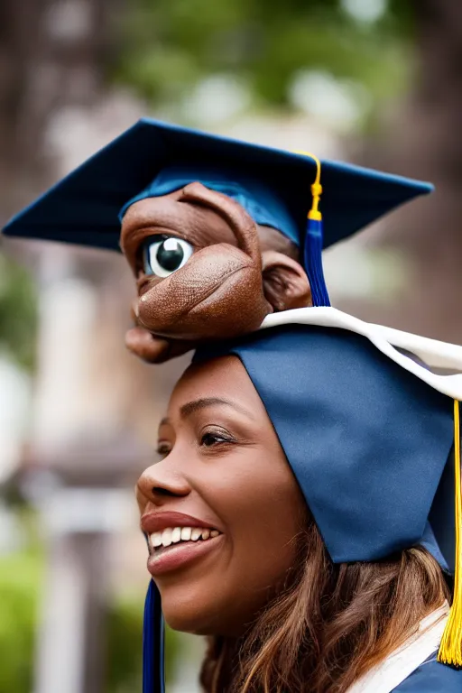 Prompt: a portrait photo of a detailed animatronic human wearing a oxford graduation hat. nikon z 9. 5 0 mm, f / 1. 8 photography. portrait photography. ultra hd, 8 k, graduation photo, sharp