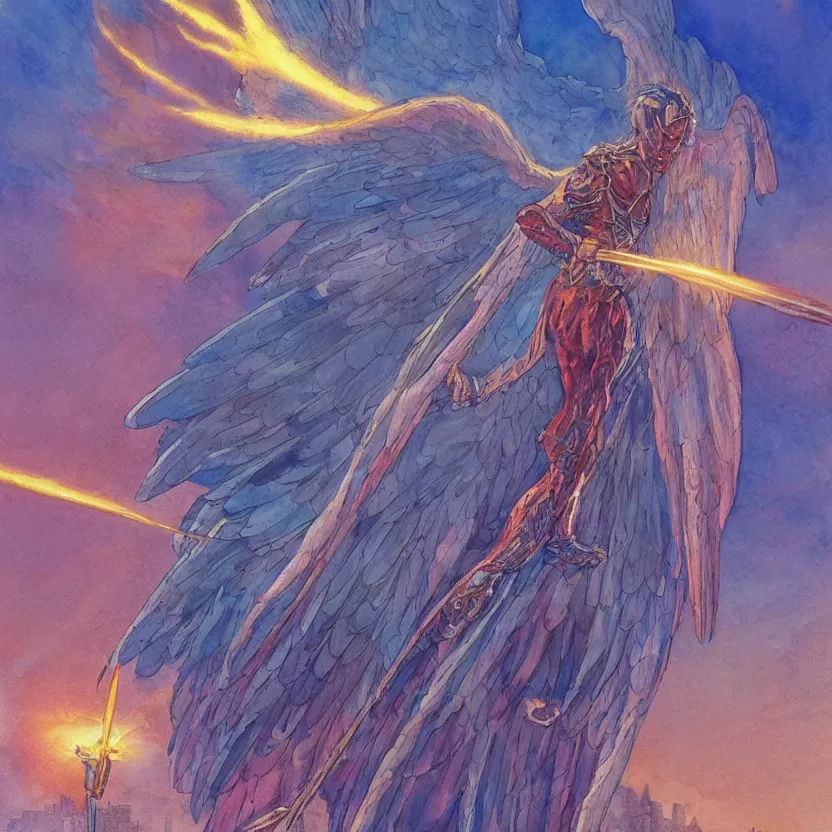 Prompt: a watercolor painting of a archangel with a broken halo wielding a jagged fiery blade flying over a city in the style of jean giraud in the style of moebius trending on artstation deviantart pinterest detailed realistic hd 8 k high resolution