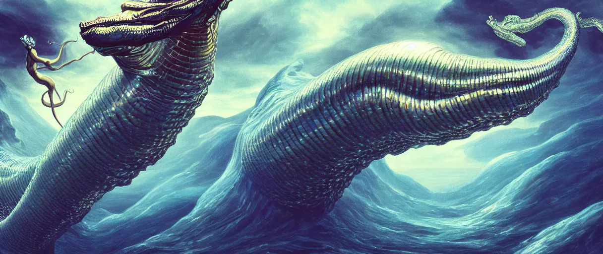 Image similar to hyperrealistic very intricate pearlescent leviathan swallowing the earth digital painting concept art salvador dali james white cinematic soft glow lighting high angle hd 8k sharp shallow depth of field