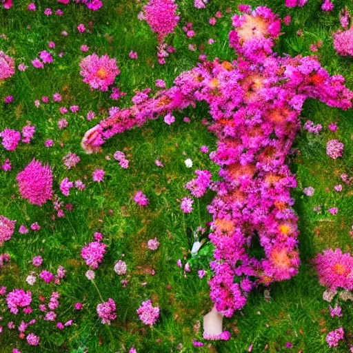 Image similar to realistic photo human body made of pink wild flowers