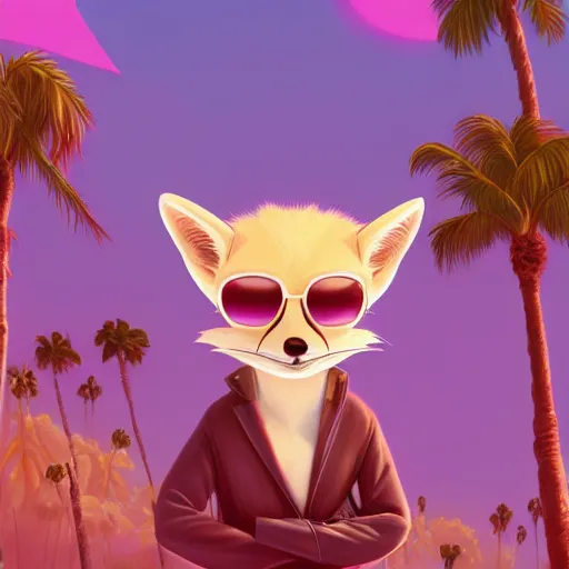 Prompt: fennec fox, pink, palm trees, furry, cute, disney zootopia, concept art, aviator sunglasses, synthwave style, artstation, detailed, award winning, dramatic lighting, miami vice, oil on canvas