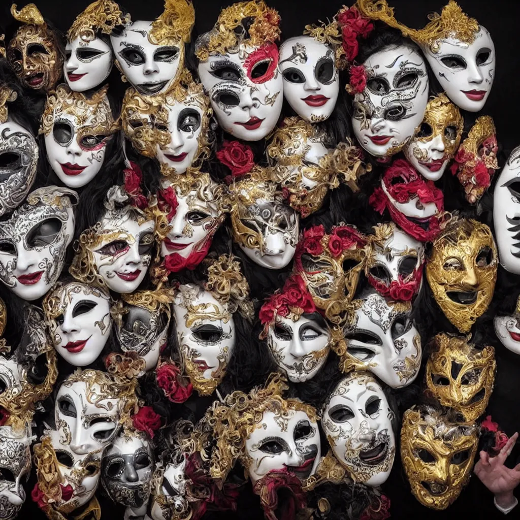 Image similar to An amalgamation of many faces is wearing Venetian masks, as a bizzare photo of the year portrait winning photography