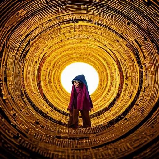 Image similar to vivid illustration of a person choosing between tunnels inside a highly intricate torus with detailed golden ornamentation and golden light, choosing between pathways