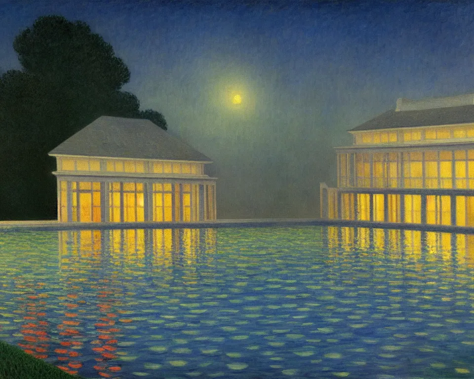 Image similar to achingly beautiful painting of a sophisticated, well - decorated pool house at night by rene magritte, monet, and turner.