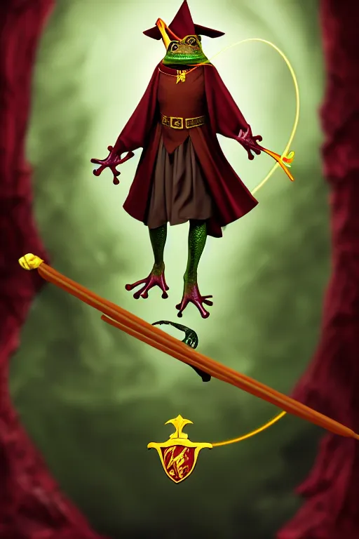 Prompt: frog mage in a gryffindor form with a magic wand, in hogwarts, high details, volume light, best composition, 4 k