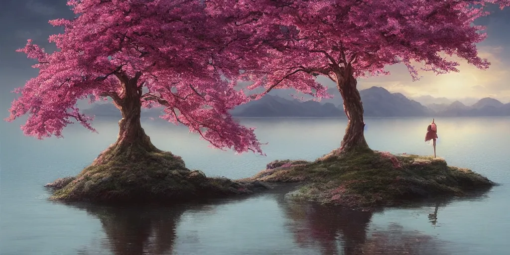 Image similar to a single sakura tree upon a lake, viewed from a distance, stephen bliss, unreal engine, illustration, fantasy art by greg rutkowski, loish, rhads, ferdinand knab, makoto shinkai and lois van baarle, ilya kuvshinov, rossdraws, tom bagshaw, global illumination, radiant light, detailed and intricate environment