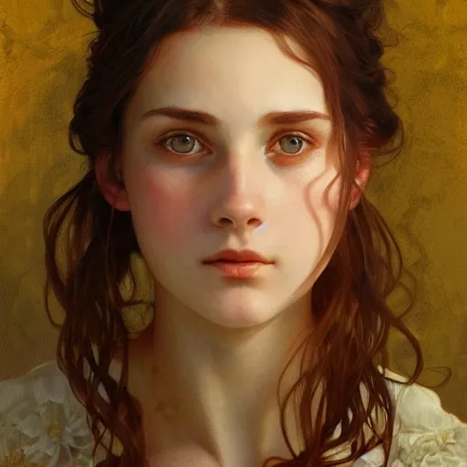 Image similar to portrait of a welsh girl with brown hair, glowing skin, delicate features, teenage amelie poulain, fantasy, intricate, elegant, dress shirt, highly detailed, digital painting, artstation, concept art, smooth, sharp focus, illustration, art by Krenz Cushart and Artem Demura and alphonse mucha