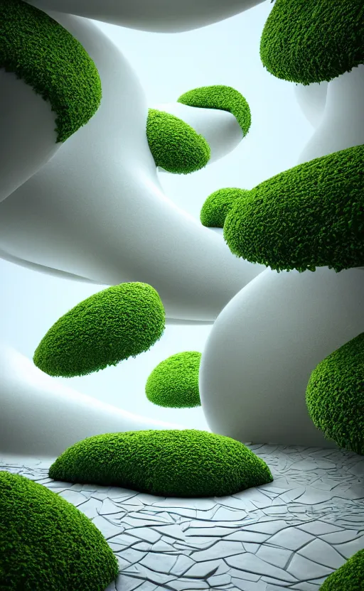 Image similar to highly detailed ultra sharp 3 d render cinematic composition of a smooth ceramic sand porcelain magnolia stone leaves fluid fractal sci - fi surreal architecture landscape, white marble, magnesium, foliage greenery, vincent callebaut composition, mamou - mani, archviz, beautiful lighting, 8 k, unreal engine, hdr, dof