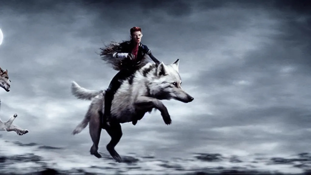 Prompt: Beautiful epic cinematography of David Bowie riding a giant wolf at night