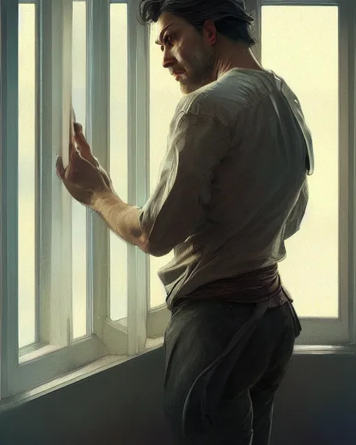 Image similar to attractive man looking out the window sadly, highly detailed, digital painting, artstation, concept art, smooth, sharp focus, illustration, art by artgerm and greg rutkowski and alphonse mucha