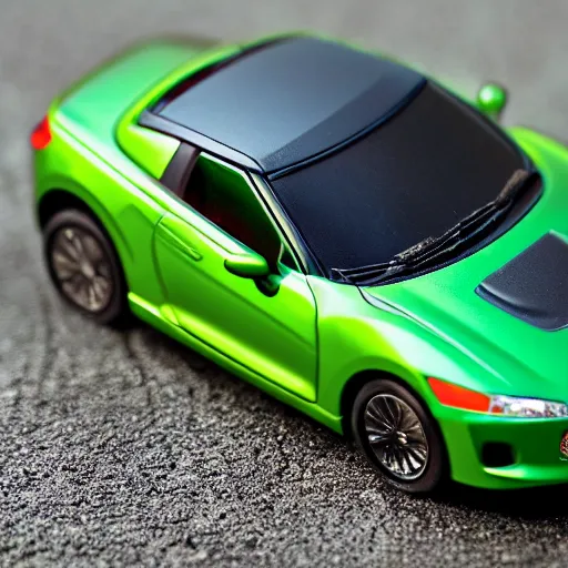 Image similar to a woman driving a Jada toys mitsubishi eclipse green diecast car, high resolution macro photo, viewed through the cars window