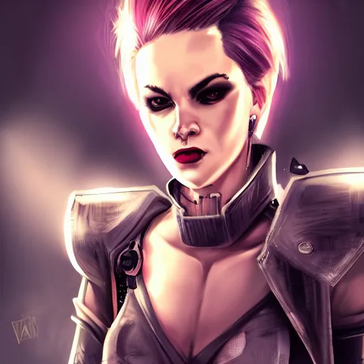 Prompt: beautiful punk warrior woman in business suit, low camera angle, intimidating pose, concept art, high definition details, symmetrical, twilight lighting, volumetric lighting, trending on art station