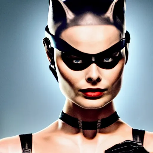 Image similar to Margot Robbie as real-life Catwoman, cinematic, Wide-shot, atmospheric lighting, directed by Quentin Tarantino, extreme detail, 8K, movie still