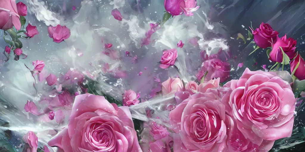 Prompt: magic invisible blade slicing through a bouquet of white and pink roses, flowers exploding and spraying and splattering, big puffy clouds, exploding roses, large rose petals, lotus petals, large polygonal background elements, large polygons, dramatic anime, dramatic radiant lighting, artgerm, manga, trending on artstation, art nouveau, mature colors