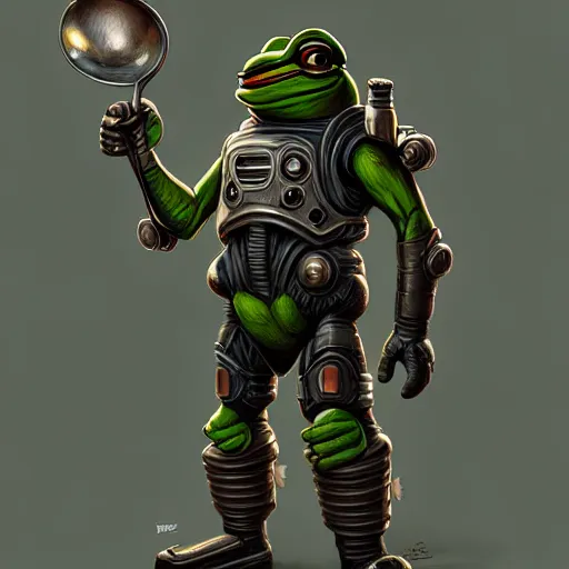 Prompt: Glad pepe with a spoon wearing futuristic power armor, fantasy, intricate, highly detailed, digital painting, trending on artstation, sharp focus, illustration, style of Stanley Artgerm and Greg Rutkowski and Dan Mumford