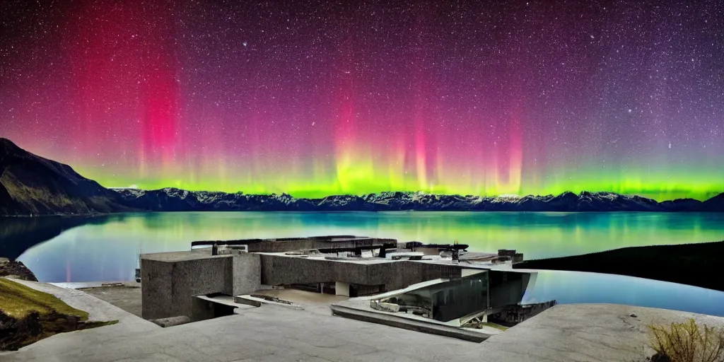 Image similar to Le Corbusier architecture next to Alaskan Lake, night time stars, northern lights, reflections, award winning photography