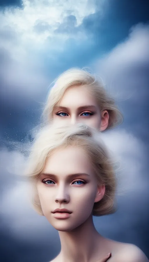 Image similar to photo of purity, a gorgeous blonde young girl , searching for eternity, head in the clouds in the style of stefan kostic, realistic, sharp focus, 8k high definition, high fashion, vogue, insanely detailed, soft light, colorful smoke, intricate, elegant, art by stanley lau and artgerm, sigma 85mm art