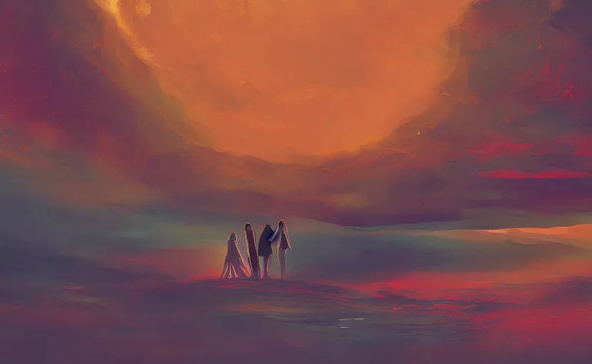 Prompt: it feels like something to be anything. Couple in a beautiful landscape. Rough strokes. Futuristic. Interesting colour scheme. Detailed. Beautiful digital art by artist Lurid. (2022)