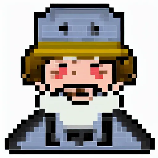 Image similar to 32x32 pixel art of an old grumpy ship captain, white beard, white cap, black coat, yellow background