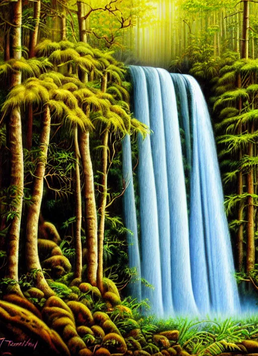 Image similar to a painting of a waterfall in a forest, an airbrush painting by terry redlin, deviantart, metaphysical painting, airbrush art, detailed painting, oil on canvas