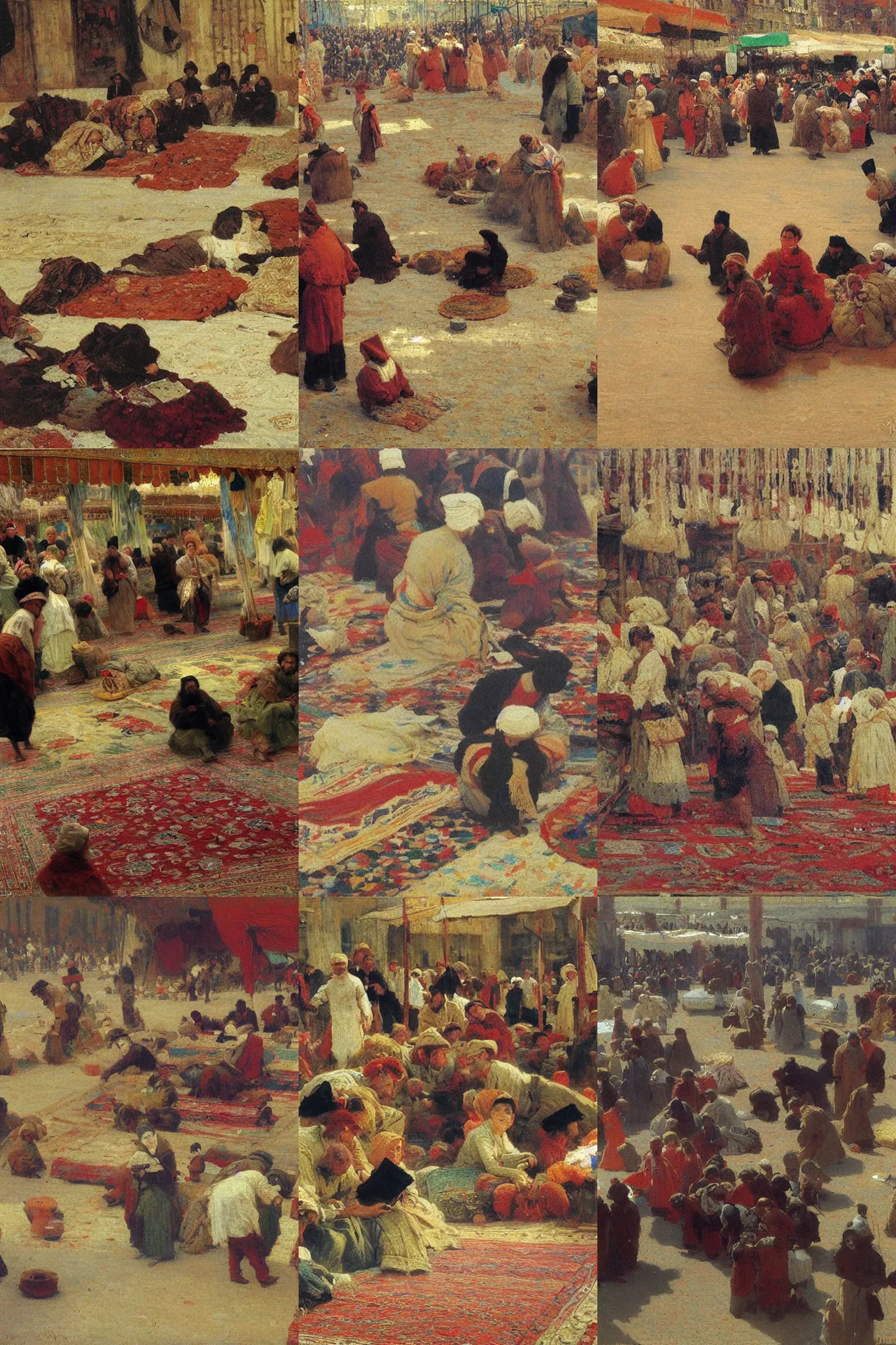 Prompt: a crowded market of carpet painting by Ilya Repin l 4K