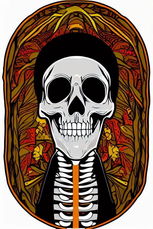 Image similar to A portrait of a skeleton who is a monk, sticker, portrait, highly detailed, colorful, illustration, smooth and clean vector curves, no jagged lines, vector art, smooth