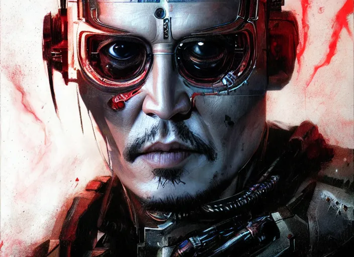 Image similar to johnny depp as victor stone, full body concept, cyborg, borg, strogg, face of a man, terminator, flesh, quake strogg, doom demon, wolfenstein, monstrous, powerful, symmetry, symmetrical, concept art by ruan jia and greg rutkowski