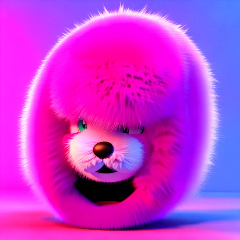 Image similar to high quality 3 d render hyperrealistic very cute big spherical creature, whiskers, plush mascot, short spiky dense fluffy smooth hair, isometric 3 d, psychedelic lighting pink fluffy fur 1 cm long, 1 5 0 mm, smooth background, artstation, ultra detailed, elegant, ultra detailed, octane render