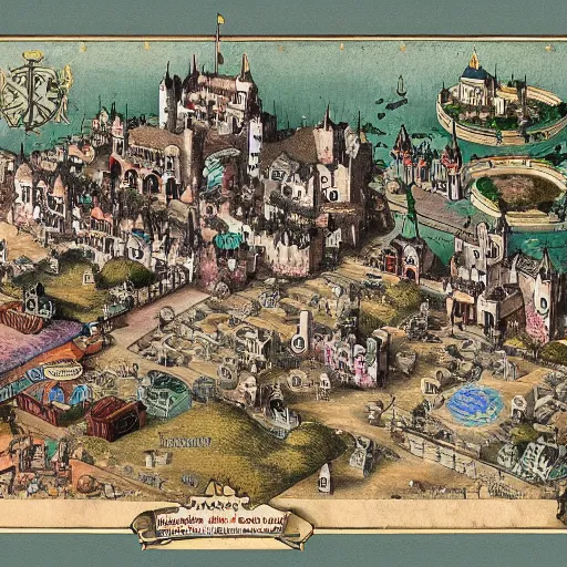 Image similar to map of a fantasy city with a castle, a tempme and a market. very detailed.