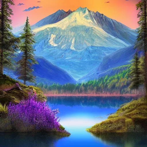 Prompt: digital painting of mountain landscape with a lake and character near the water by philip sue art, by philip sue, contest winner on behance, dark blue, lavender, light blue color scheme only